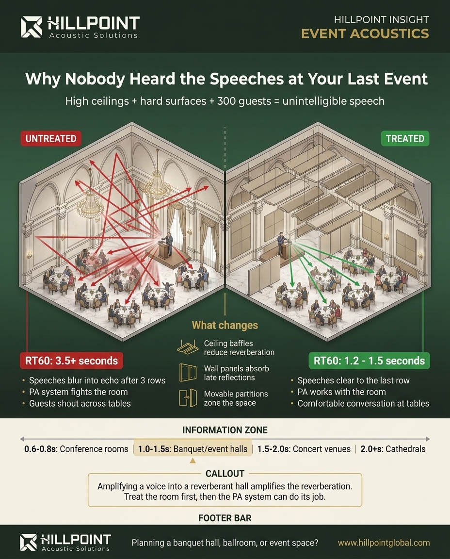 Before and after infographic of a banquet hall showing chaotic sound reflections with RT60 3.5s on the untreated side and controlled acoustics with RT60 1.2s on the treated side